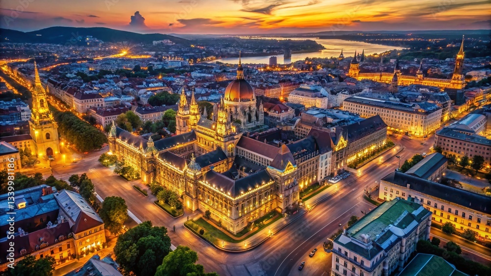 Obraz premium Budapest Dusk: Aerial Macro View of Ferenciek Tere & Illuminated Palaces