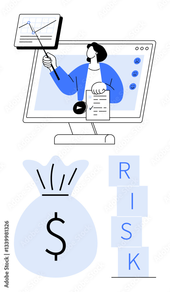Person presenting financial data on screen with pointer, chart, money bag, and RISK blocks. Ideal for finance, risk analysis, education, investment, reports planning and abstract line flat metaphor Person presenting financial data on screen with pointer, chart, money bag, and RISK blocks. Ideal for finance, risk analysis, education, investment, reports planning and abstract line flat metaphor