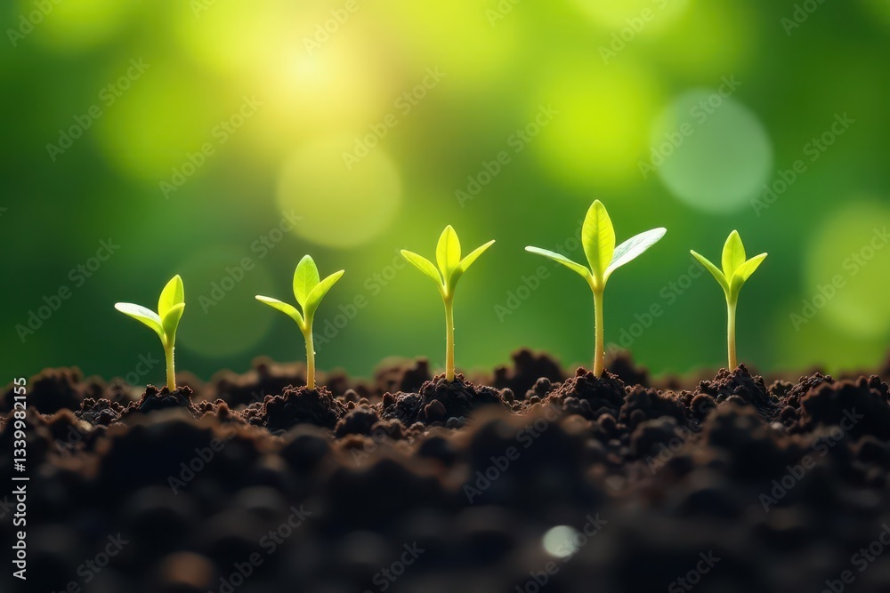 Six fragile seedlings emerge from rich dark soil, reaching for sunlight , future, agriculture, close-up Six fragile seedlings emerge from rich dark soil, reaching for sunlight , future, agriculture, close-up