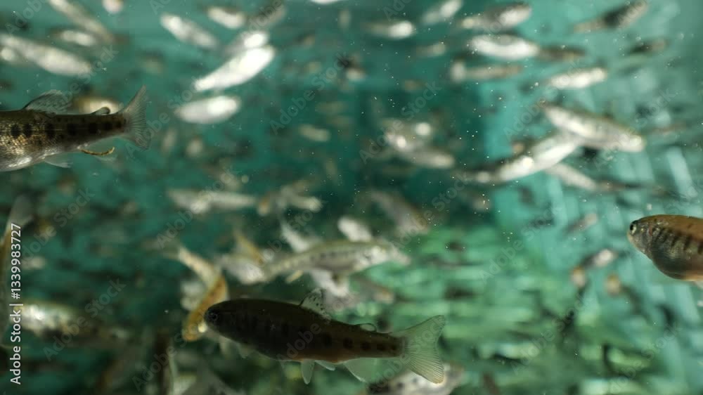 fish farm trout underwater feeding fenzy , young fish going crazy for food fish farm trout underwater feeding fenzy , young fish going crazy for food