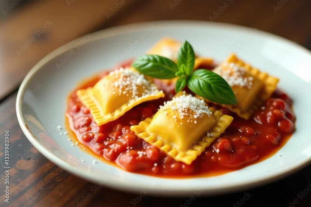 Golden ravioli bathed in vibrant tomato sauce, parmesan dusting , basil, culinary, kitchen Golden ravioli bathed in vibrant tomato sauce, parmesan dusting , basil, culinary, kitchen