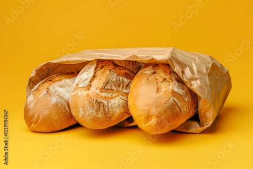 Trio of baguettes in brown paper against vibrant yellow. AI image