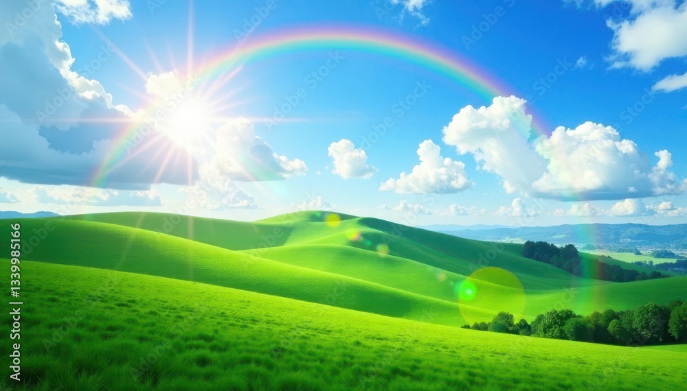 Rolling green hills bathed in sunlight, rainbow arch, azure sky , peaceful, image, vibrant Rolling green hills bathed in sunlight, rainbow arch, azure sky , peaceful, image, vibrant