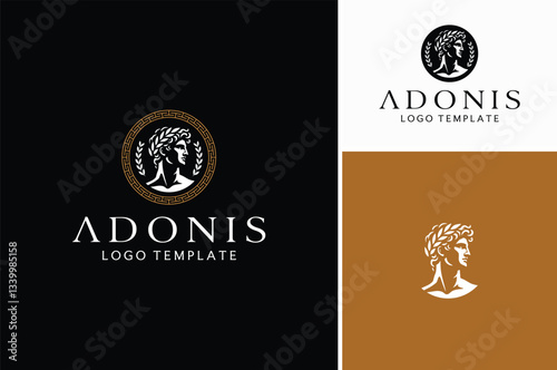 Handsome Adonis Mythical God with circular Greek key pattern frame border classic logo design