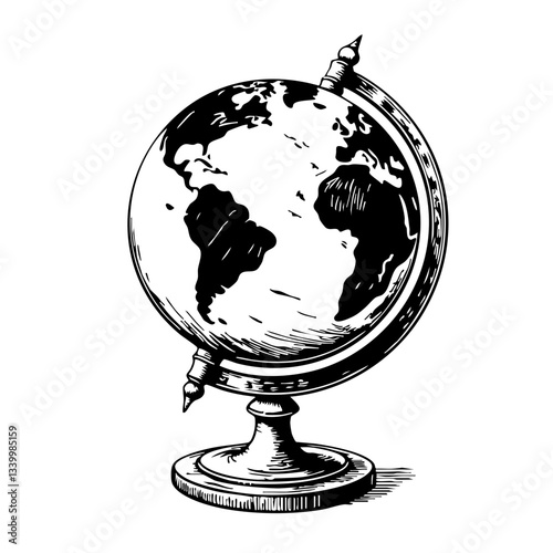 Vintage globe sketch showcasing the Earth against a white background  