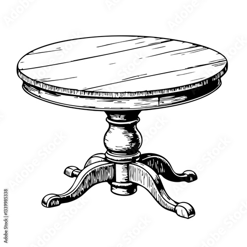 Vintage sketch of a round wooden table on a white background  