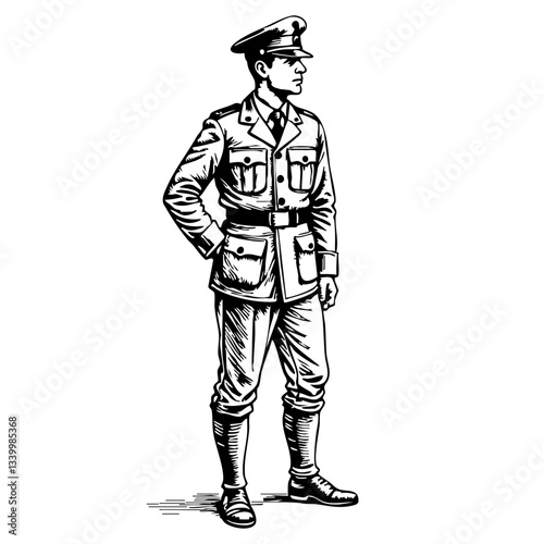 Vintage sketch of a soldier standing confidently in uniform  