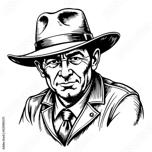 vintage sketch of a serious man wearing a hat  