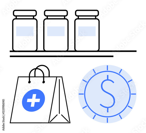 Three medicine bottles on a shelf, a shopping bag with a healthcare cross, and a circular dollar sign icon. Ideal for healthcare cost, pharmacy, e-commerce, budgeting, healthcare access, medication