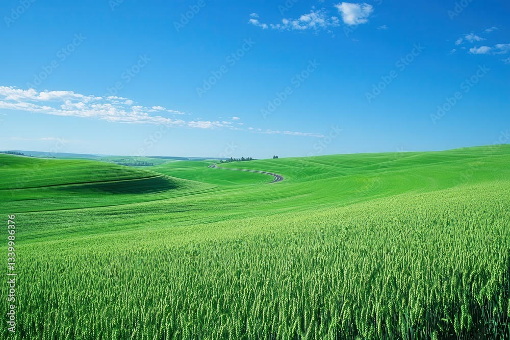 Obraz premium Rolling green wheat fields stretch under a clear blue sky with a few white clouds. Use this peaceful image for travel brochures or environmental projects.