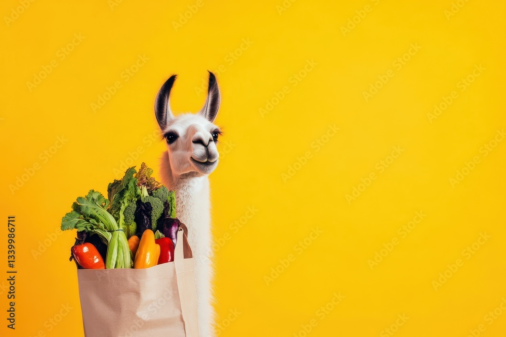 Fototapeta premium Llama carries organic vegetables against yellow backdrop
