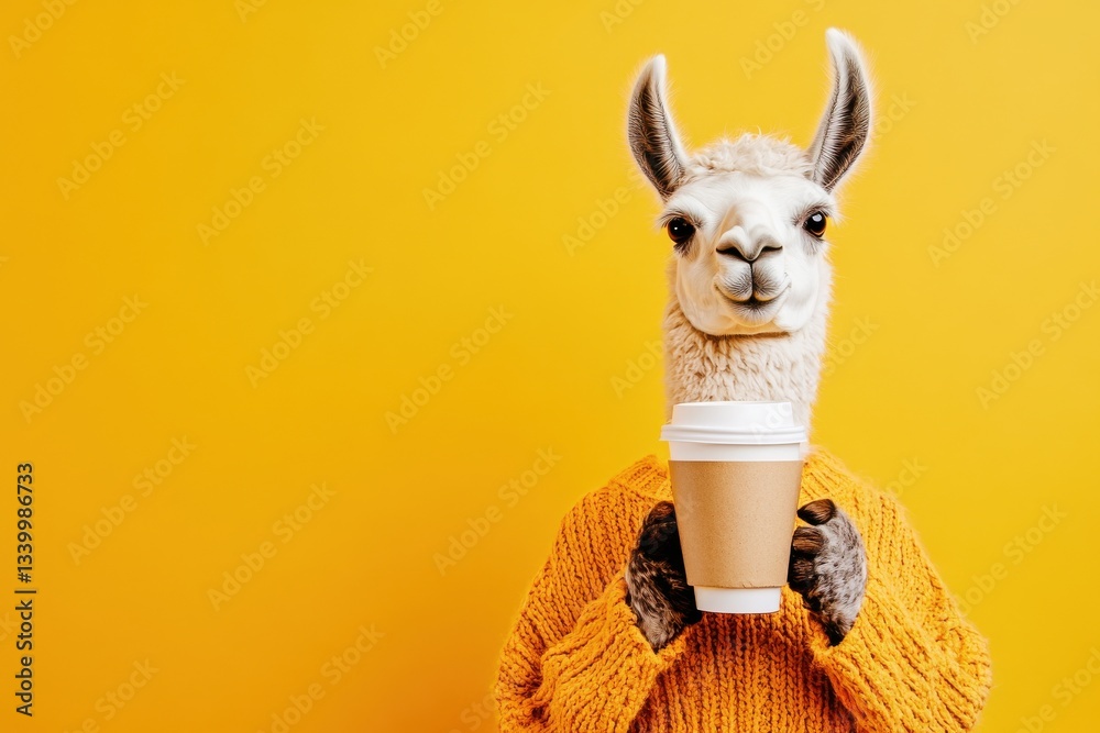Fototapeta premium Llama in sweater takes coffee break against yellow