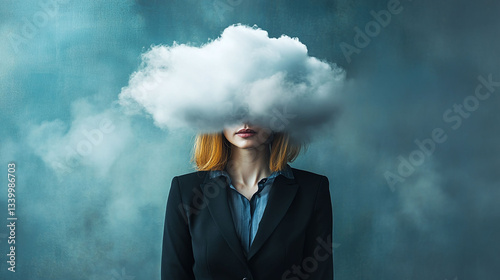candid hyper-realistic portrait photography of a business woman in a black suit, cloud instead of head