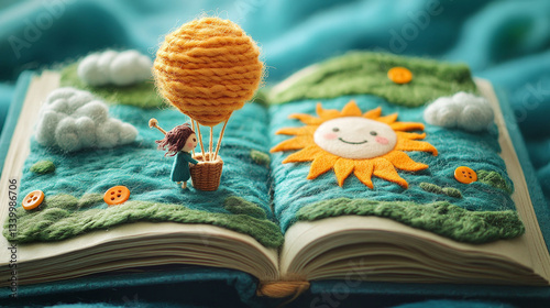 Handicraft three-dimensional book texture, wool knitting little girl is flying plasticine hot air balloon, the background is the floating cloud island made of wool felt and the smiling face sun sewn w