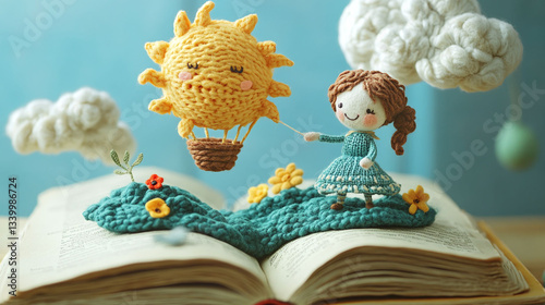 Handicraft three-dimensional book texture, wool knitting little girl is flying plasticine hot air balloon, the background is the floating cloud island made of wool felt and the smiling face sun sewn w