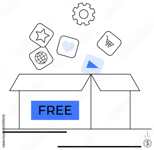 Open box labeled Free releasing diverse app icons including heart, globe, gear, and more. Ideal for technology, accessibility, innovation, gifting creativity business education. Flat simple