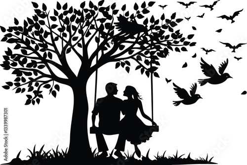 A couple sitting on a swing trees filled with hearts black silhouette vector