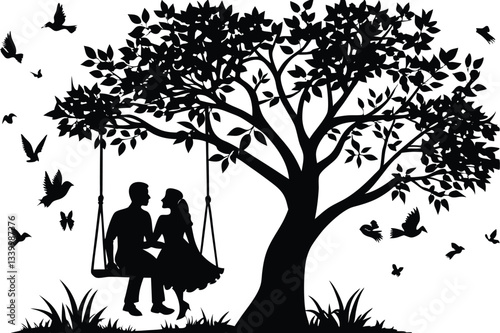 A couple sitting on a swing trees filled with hearts black silhouette vector