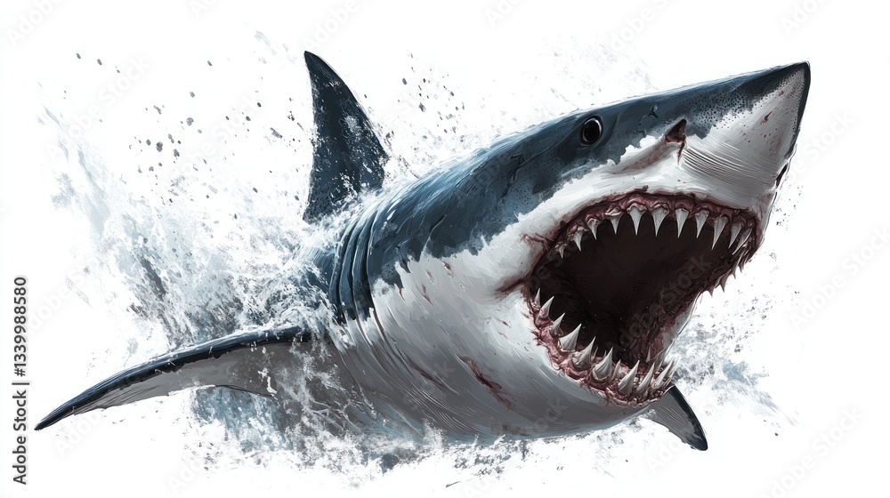 Fototapeta premium Fierce Predator Emerging from the Depths A Detailed Illustration of a Shark with Sharp Teeth a