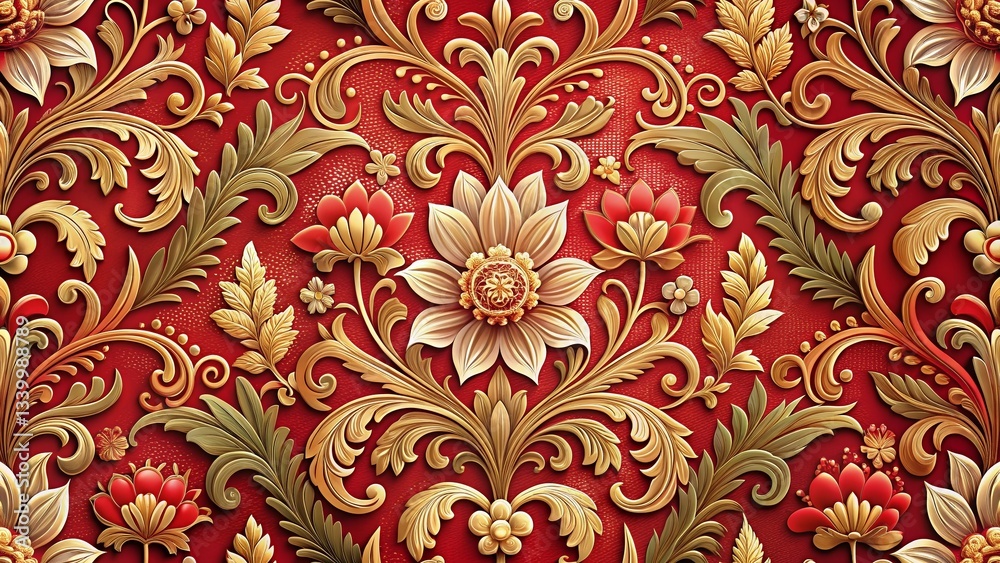 Classic Red Floral Ornament Pattern, High-Resolution Stock Photo Classic Red Floral Ornament Pattern, High-Resolution Stock Photo