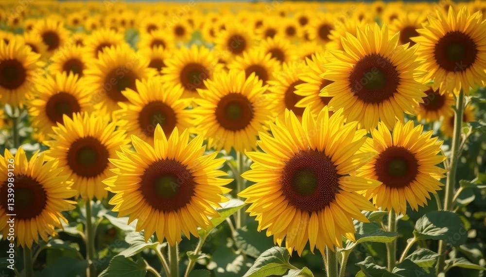 Vibrant sunflower field, blossoms bathed in sunlight, petals a rich yellow, rural, flowers Vibrant sunflower field, blossoms bathed in sunlight, petals a rich yellow, rural, flowers