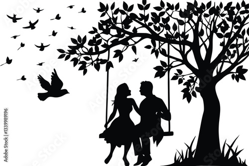 Silhouette of a couple sitting on a swing under a tree