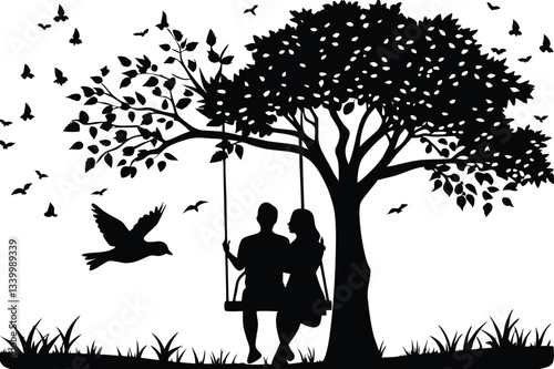 Silhouette of a couple sitting on a swing under a tree
