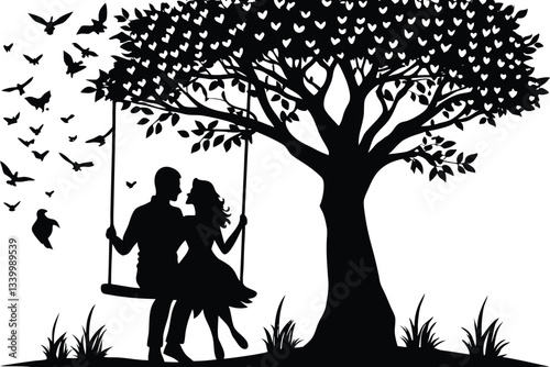 Silhouette of a couple sitting on a swing under a tree