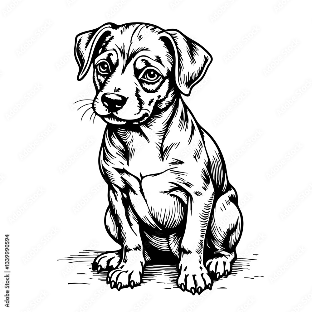 Fototapeta premium Vintage sketch of a sitting puppy with a sad expression 