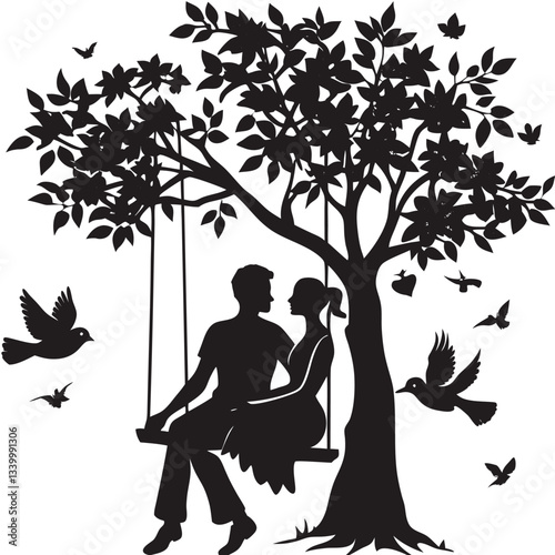 Silhouette of a couple sitting under a tree