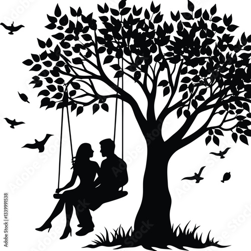 Silhouette of a couple sitting under a tree