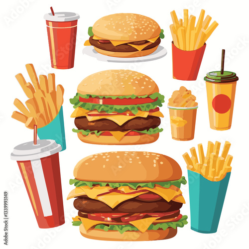 fastfood, fast, snack, meal, food, lunch, burger, dinner, background, delicious, meat, american, menu, unhealthy, restaurant, isolated, cheeseburger, junk, set, hamburger, fat, sandwich, tasty, eat, c