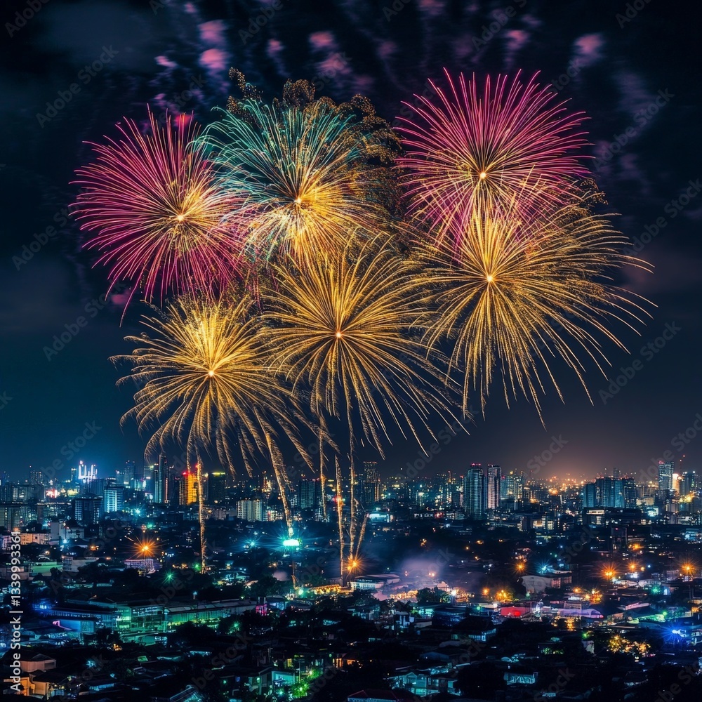 Spectacular Night Fireworks Display Over a City Skyline with Colorful Explosions Illuminating the Night