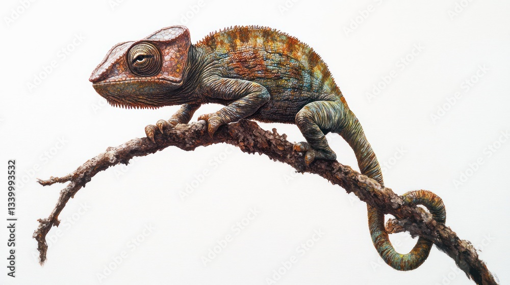 Fototapeta premium Vividly Colored Reptile Perched on a Branch Displaying Intricate Patterns and Textures for Nat