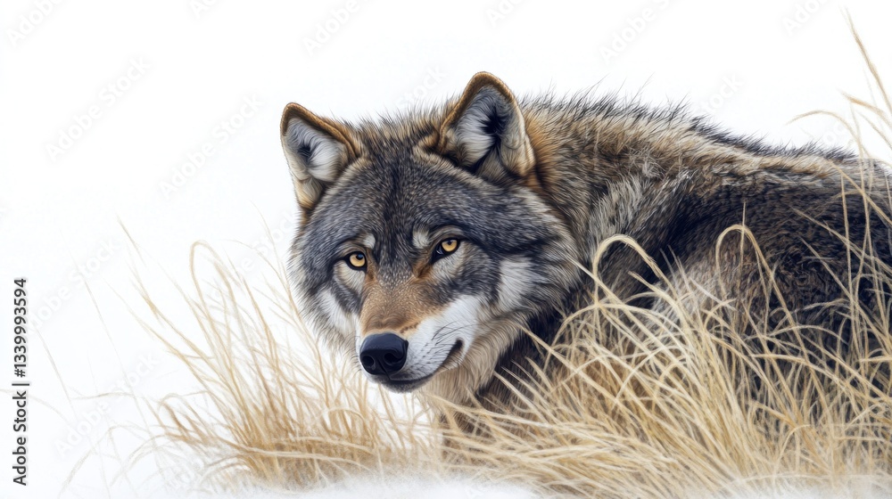 Obraz premium Wild Canine in Snowy Landscape A Detailed Illustration of a Furry Predator Amidst Winter Grass