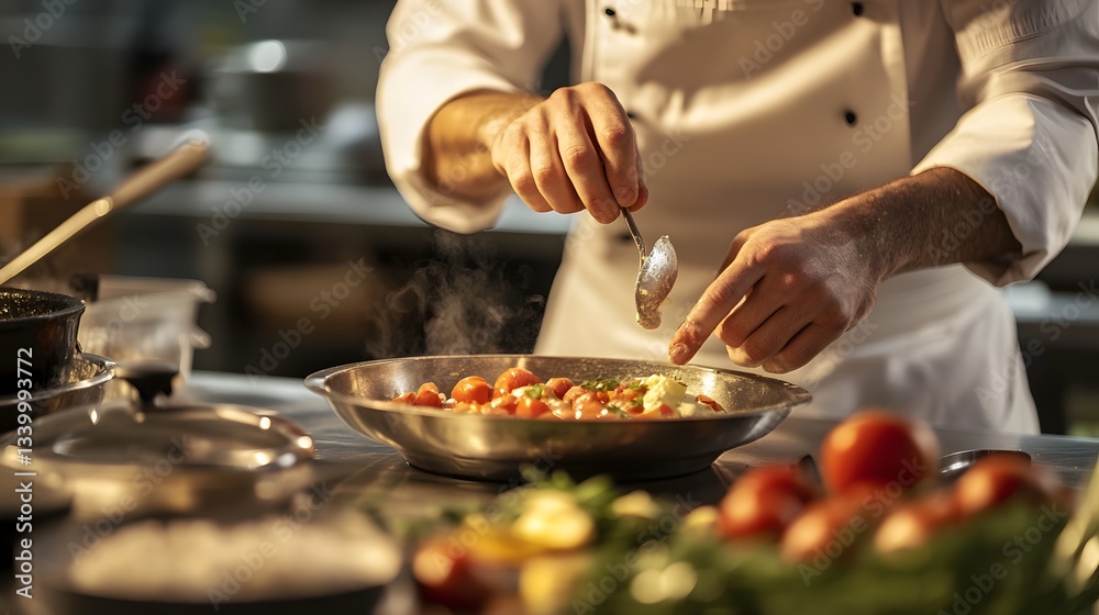 A chef adding seasoning to a pan of fresh vegetables in a commercial kitchen. A chef adding seasoning to a pan of fresh vegetables in a commercial kitchen.
