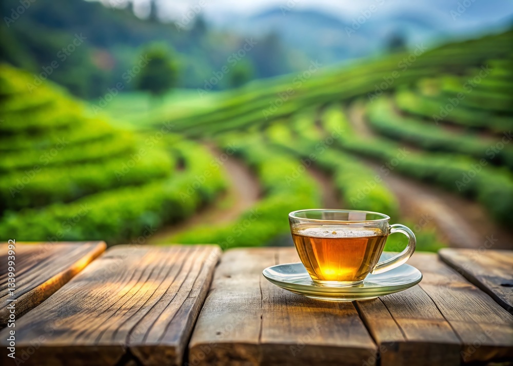 Close-up Side View of Tea in Glass Cup on Wooden Table, Tea Plantation Background - Tilt-Shift Photography Close-up Side View of Tea in Glass Cup on Wooden Table, Tea Plantation Background - Tilt-Shift Photography