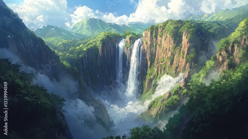 A massive waterfall plunging down a canyon, surrounded by lush green mountains --ar 16:9 --v 6.1 Job ID: 52de28a3-ae0d-436c-89fd-eb75e5d35844