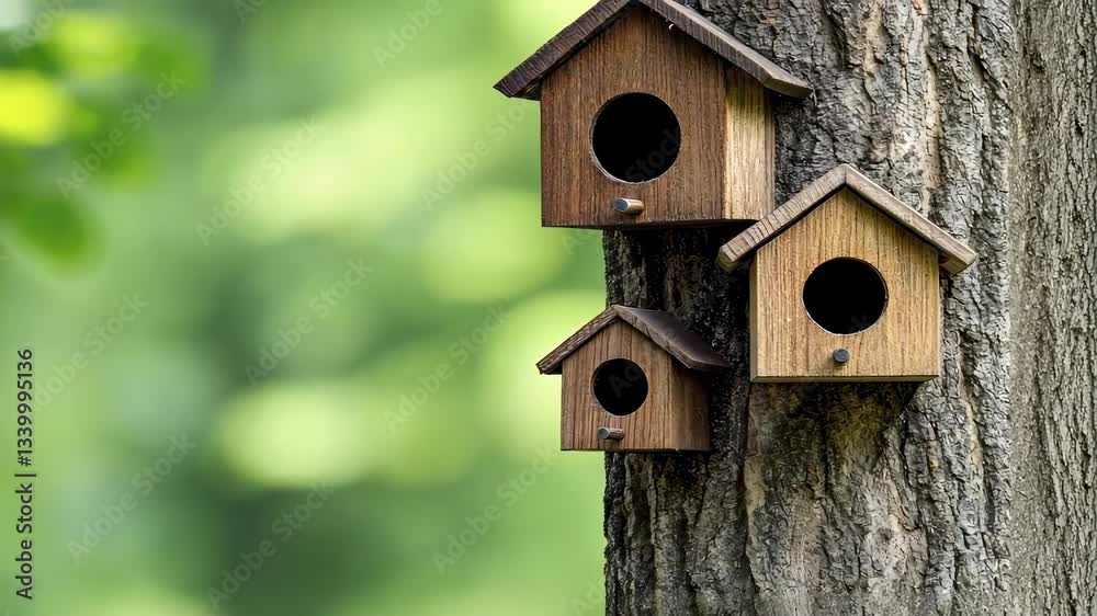 charming wooden birdhouses attached to a tree in a serene forest charming wooden birdhouses attached to a tree in a serene forest