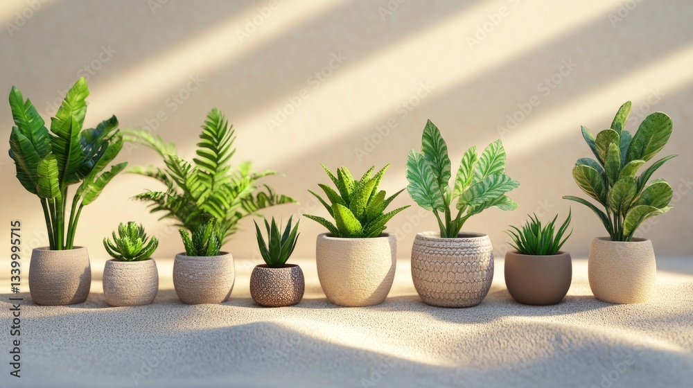 A collection of potted plants with varying textures, set against a smooth sand-colored background A collection of potted plants with varying textures, set against a smooth sand-colored background