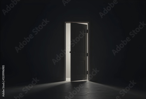 A single door slightly open in darkness, with soft light shining through. A minimalist concept symbolizing hope, new possibilities, and opportunities, ideal for mental health and motivation themes.