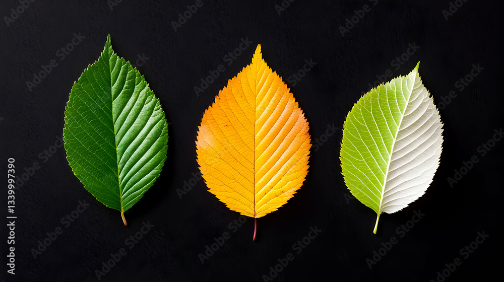 Obraz premium Three Leaves Showing Seasonal Color Change on Black Background