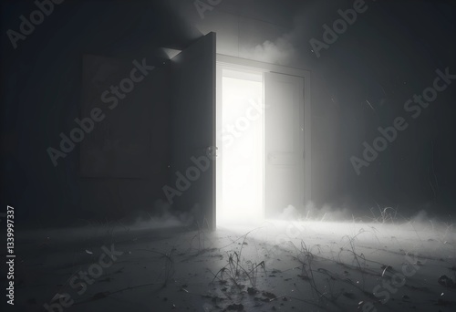 A single door slightly open in darkness, with soft light shining through. A minimalist concept symbolizing hope, new possibilities, and opportunities, ideal for mental health and motivation themes.