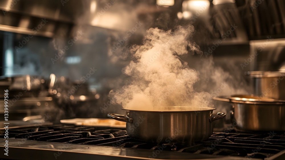 Steam rising from a pot on a commercial stovetop in a kitchen. Steam rising from a pot on a commercial stovetop in a kitchen.
