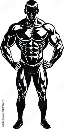 Muscular bodybuilder vector silhouette illustration isolated on white background. Sport man strong arms. Body builder athlete showing muscles