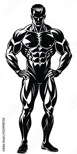 Muscular bodybuilder vector silhouette illustration isolated on white background. Sport man strong arms. Body builder athlete showing muscles