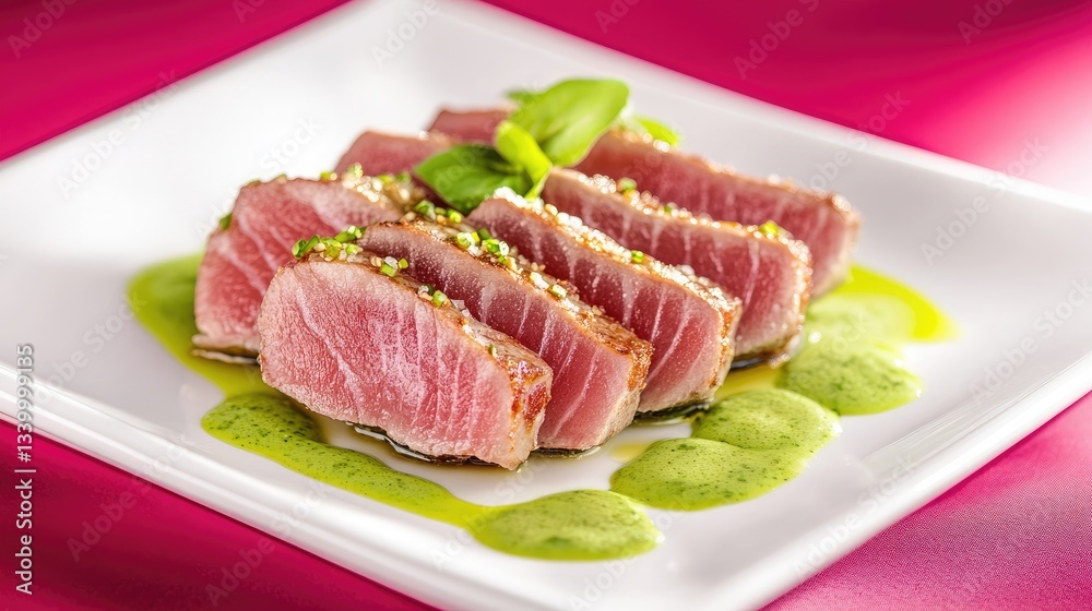 A gourmet plated dish of seared tuna with wasabi drizzle, set against a bold magenta background A gourmet plated dish of seared tuna with wasabi drizzle, set against a bold magenta background