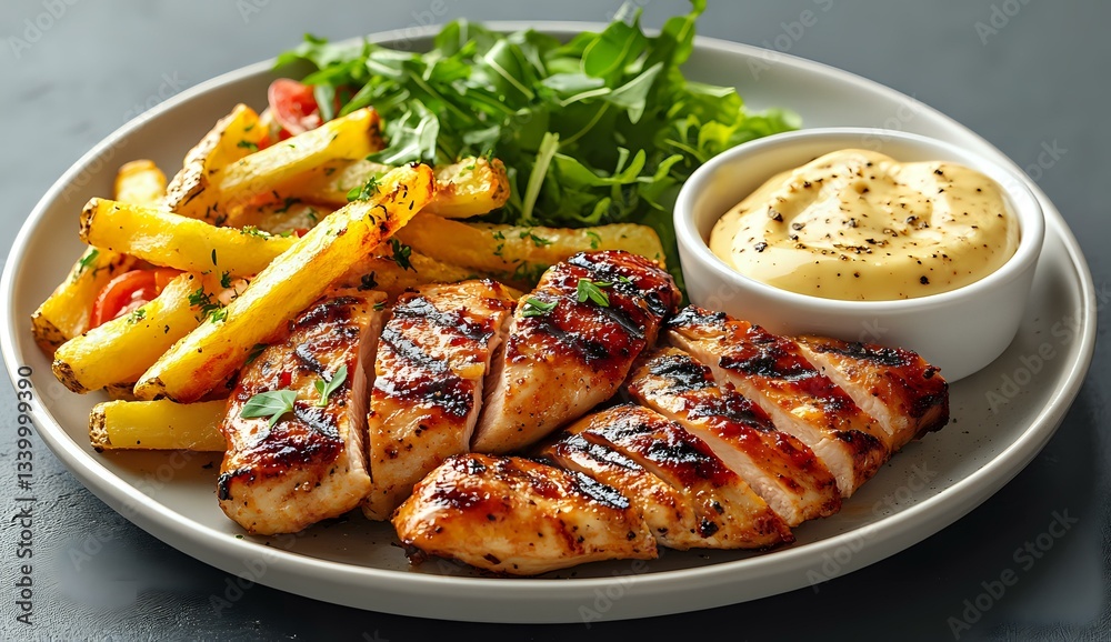 Grilled chicken breast with golden french fries, fresh arugula salad and creamy sauce on gray ceramic plate. Close up view of juicy meat dinner. Grilled chicken breast with golden french fries, fresh arugula salad and creamy sauce on gray ceramic plate. Close up view of juicy meat dinner.