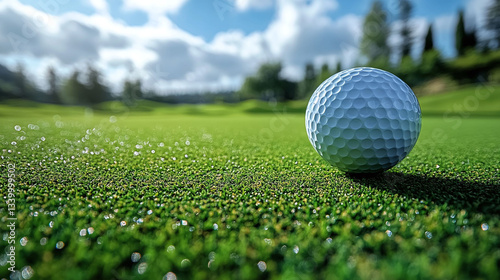 Golf ball and golf club on grass, golf course background, blue sky with white clouds, beautiful landscape , captured with a professional DSLR camera , hyper-realistic image