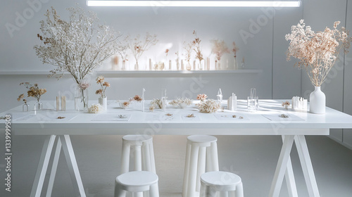 A serene flower pressing station featuring a sawhorse-style table painted in crisp matte white with distinctive A-frame legs that maintain the architectural interest while harmonizing with the minimal
